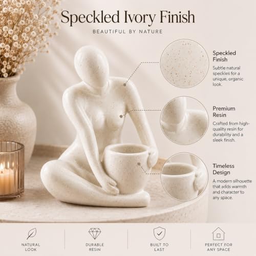 SENEA KAY Modern Abstract Statue with Removable Faux Succulents Plants – Figurine Home Decor Accents, Coffee Table Shelf Styling. Collectible Art Luxury Gift Items Woman Thinker Sculpture (Ivory) - Image 3