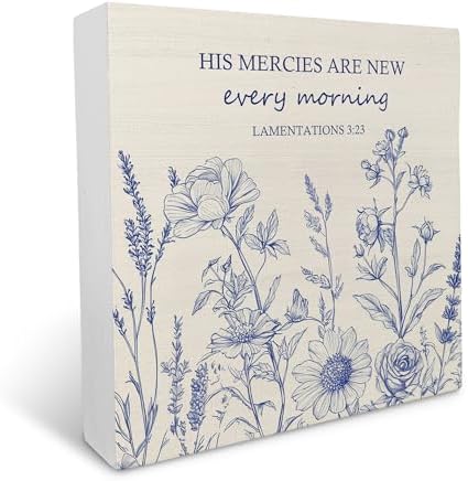 Ku-Dayi Blue and White Flowers Bible Verse Wooden Box Sign, Scripture Christian Wood Box Decorations for Church Home, His Mercies Are New Every Morning Wooden Block Plaque Desk Shelf Decor 5x5 Inch by KU-DaYi