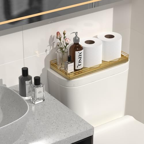 Oak Bathroom Toilet Tank Tray, 13" Wood Toilet Paper Storage Basket Back of Toilet Basket Organizer, Vanity Tray for Perfume Makeup Candle Kitchen Counter Coffee Table Decor, Gold - Image 5