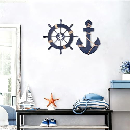 2 Pack 11" Nautical Beach Wooden Ship Wheel and 13" Wooden Anchor with Rope Nautical Boat Steering Wheel Rudder Anchor Wall Art Decor Door Hanging Ornament Beach Theme Home Decoration(Blue) - Image 7