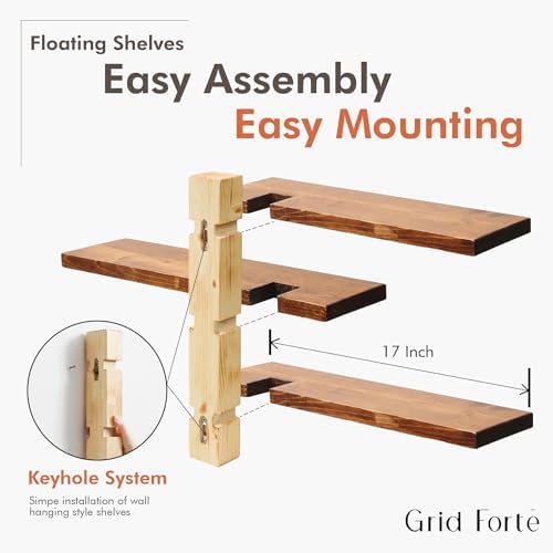 GRID FORTE Wood 3-Tier Floating Shelf, Large Minimalist Wall Shelves - Image 6