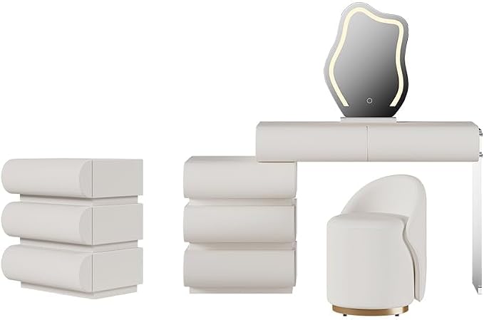 homary White 2-Piece Makeup Vanity & Smart Nightstand Set, Modern Vanity Table - Image 9