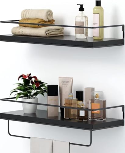 Shario Black Floating Shelves - Set of 2, Wall Mounted Hanging Shelves with Black Towel Rack, Decorative Storage Shelves for Bathroom, Kitchen, Living Room & Bedroom by Welcome