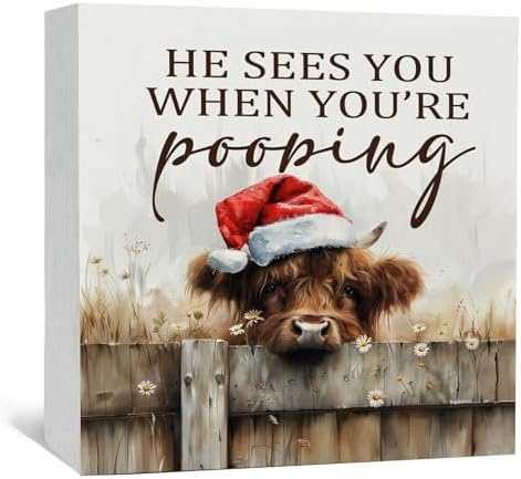 Christmas Highland Cow Bathroom Decor Sign - Farmhouse Western Christmas Animal Bathroom Decor,Rustic Farm Animal He Sees You When You're Pooping Signs,Highland Cow Gifts for Women by Nitelat
