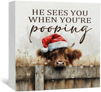 Christmas Highland Cow Bathroom Decor Sign - Farmhouse Western Christmas Animal Bathroom Decor,Rustic Farm Animal He Sees You When You're Pooping Signs,Highland Cow Gifts for Women by Nitelat