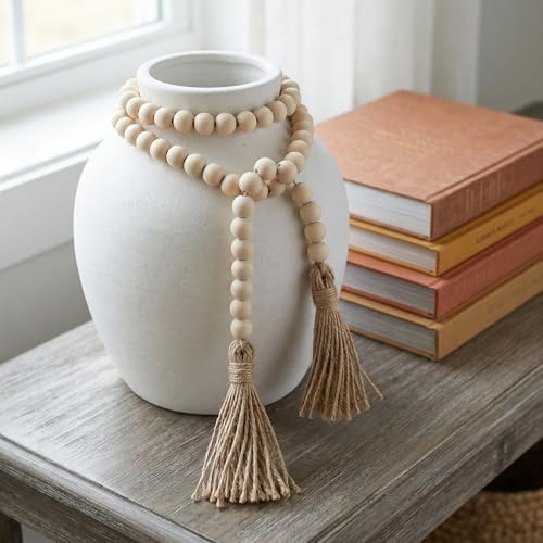 RGB World Farmhouse Beads Long Length Solid Wood Bead Boho Tassel Garland - Rustic Country Solid Beaded Boho Chic Decor for Wall, Above Cabinet & Table - Image 5