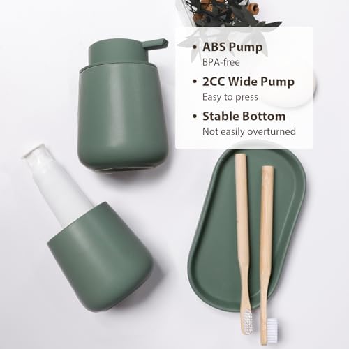 INGOFIN 3 Pcs Ceramic Bathroom Accessory Set - Liquid Soap Dispenser, Toothbrush Holder & Tray, Bathroom Counter Set, Countertop Essentials for Home, Guest Bathroom, or Office Use, Matte Green - Image 5