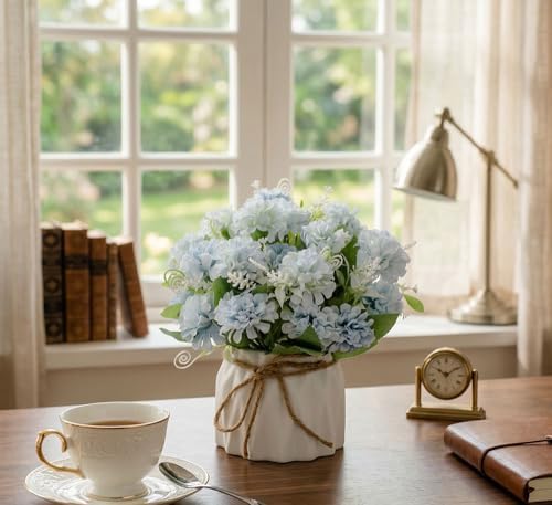 TKAS Fake Flowers Arrangement in Ceramic Vase, Artificial Faux Silk Hydrangea, Small Realistic Dried-Style Floral, Dining Table Centerpiece for Wedding Party Home Decoration (Blue) - Image 5