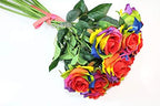 Ooki 12 Long Stem Artificial Silk Rainbow Rose Flower Bush Bouquet for DIY Any Arrangement Home Decor Wedding Party Celebration - Image 2