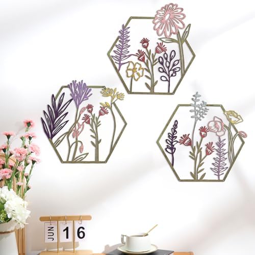 Peryiter 3Pcs Metal Flower Wall Decor Minimalist Floral Hanging, Colorful - Image 3