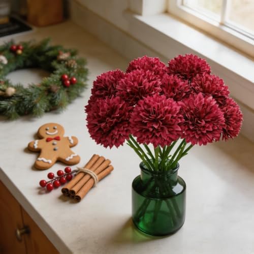 Tinsow 12Pcs Artificial Chrysanthemum Flowers Faux Bright Red Ball Flowers Burgundy Fall for Christmas Autumn Farmhouse Home Decoration (12,Bright Red) - Image 3