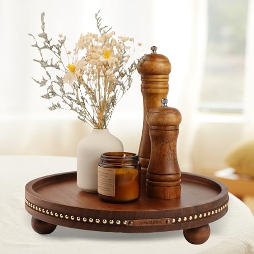 Round Wooden Decorative Tray Coffee Table Tray Home Decor 11.8" Brown - Image 5