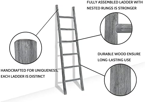 FUIN Blanket Ladder, 6ft Rustic Solid Wood Decorative Ladder, Light Grey - Image 3