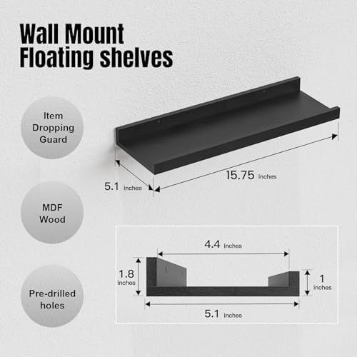RICHER HOUSE 5-Set Floating Shelves with Lip, Black Wall Mounted Wood Shelf - Image 3