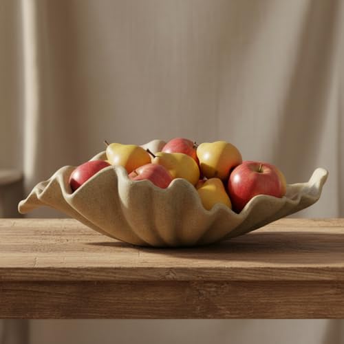 16" Large Decorative Bowl decor, Modern Home Decoration Scallop Bowl,Fashion Key Bowl for Entrance Table, Decorative Fruit Bowl for Kitchen Counter, Ruffle Decor, Artificial Stone Beige - Image 6