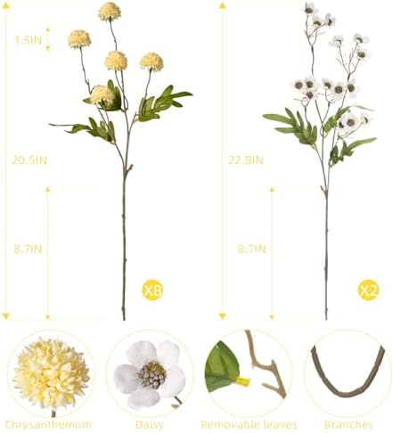 Mixed 10 Pcs Artificial Pompon Mum Set-8 Chrysanthemum & 2 White Daisy, Yellow Silk Faux Flower for Vase Fall Floral Arrangements Wedding Centerpiece DIY Home Indoor Outdoor Decor (No Vase) - Image 3