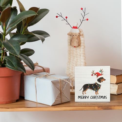 Dachshund Merry Christmas Wooden Box Sign Desk Decor, Weiner Dog Lover Gifts, Christmas Sausage Dog Wood Block Sign for Home Bedroom Office Desk Table Shelf Wall Decorations, 5x5 Inch - Image 2