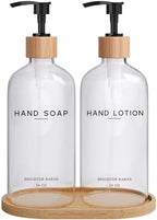 Clear Glass Soap and Lotion Dispenser Set with Tray by Brighter Barns - Hand Soap Dispenser Bathroom Set - Liquid Soap Dispenser and BPA-Free Pump - Neutral Home Decor & Modern Bathroom Accessories by BrighterBarns