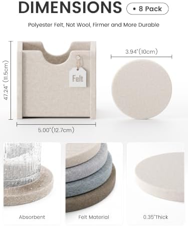 Fluxynara Felt Coasters with Holder, Set of 8 for Drinks, River Pebble - Image 2