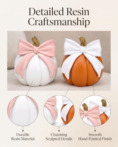 Decorative Resin Pumpkin Figurines Orange White with Bow Fall Decor Harvest - Image 4
