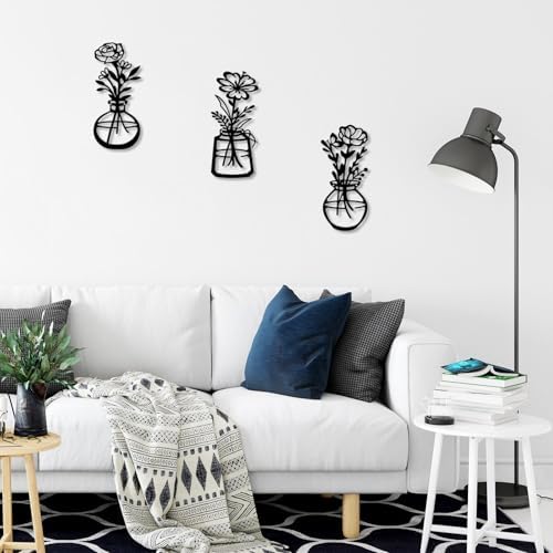 ARTINME 3 Pieces Metal Flowers Wall Arts - Rustic Farmhouse Decor Minimalist Flower Wall Decors for Living Room Bathroom Kitchen Bedroom Dining Room - Housewarming Gifts (Black) - Image 4