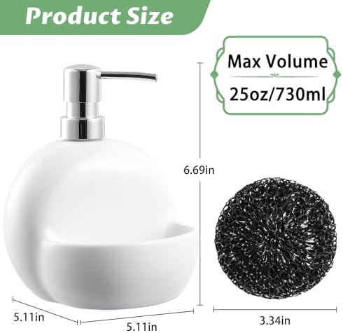 RQYIXI 2-in-1 Ceramic Soap Dispenser with Sponge Holder,White,25 Oz - Image 2
