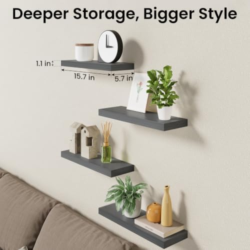 BAYKA Gray Floating Shelves 15.7in, Set of 4, Wall Mount Rustic Wood Shelf - Image 6