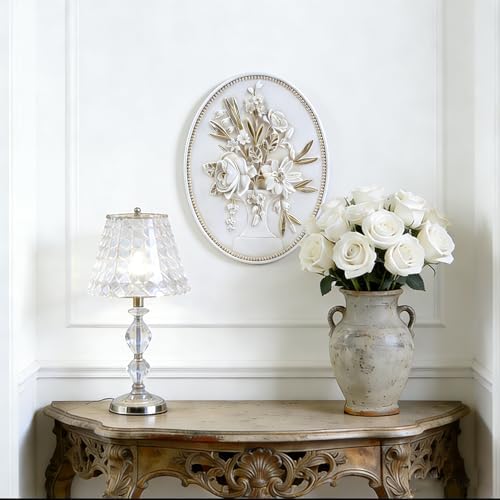 SIKOO Vintage Wall Sculptures White Flower Wall Art Hand Painted Ornate Wall Hanging Decoration Antique Pediment Wall Statue Ornament Decor Gallery for Kitchen Bedroom Living Room - Image 2