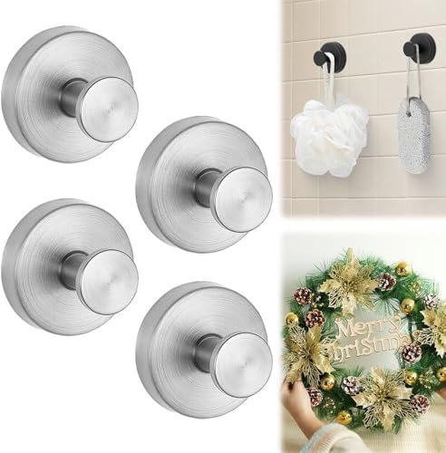 Suction Cup Hooks for Wreaths on Glass, 2025 New Model No-Drill Suction Cup Hooks, Wreath Hangers for Front Doors, Metal Towel Hooks for Showers Bathrooms Mirrors (4, Silver) by Unknown