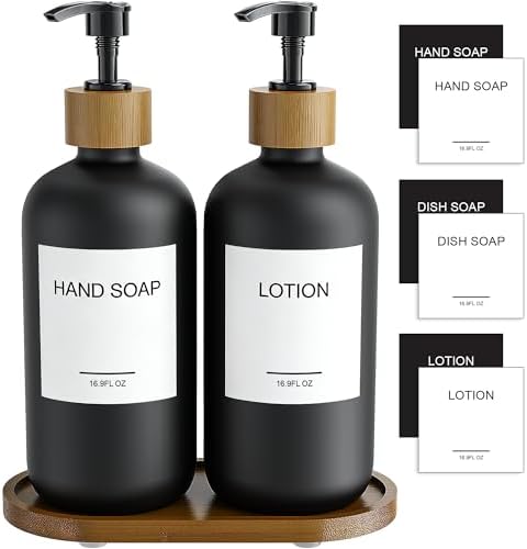 MASADI Black Soap Dispenser Set with Tray, Dish and Hand soap Lotion Dispenser Set with Wooden Pump for Kitchen and Bathroom Decor for Counter, Modern Vintage Liquid Soap Dispensers by masadi
