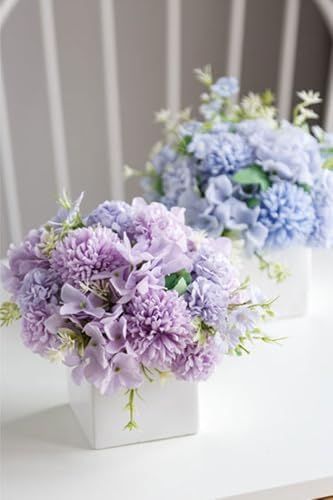 TKAS Fake Flowers Arrangement in Ceramic Vase, Artificial Faux Silk Hydrangea, Small Realistic Dried-Style Floral Centerpiece for Dining Table, Wedding Party Home Decoration (Purple) - Image 5