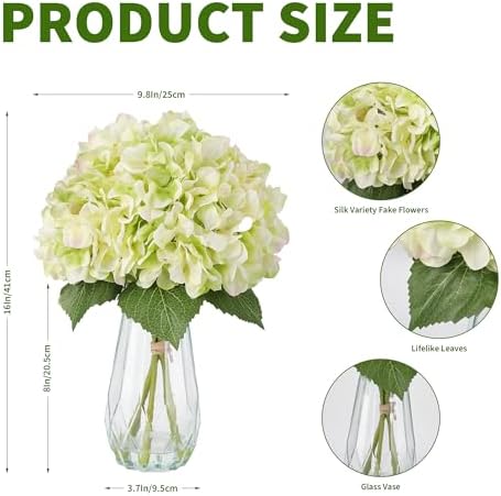 Garvee Artificial Green Hydrangea Flowers Arrangement with Vase, 6 PCS Silk Hydrangea Bouquet Centerpiece with Faux Water, Realistic Fake Flowers for Table Centerpiece, Home, Office, Wedding Decor - Image 2