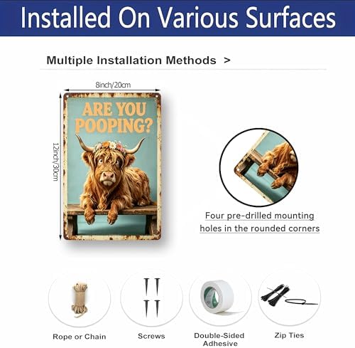Funny Highland Cow Floral Crown Art with ARE YOU POOPING? Quote,Solid Durable Aluminum Sign,Vintage Farmhouse Decor for Bathroom Restroom Wall, Multipurpose Novelty Home Gift Plaque 8 x 12 Inch - Image 7