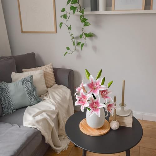 JINWOE 2 Pcs Pink Stargazer Lily Artificial Flowers, Long Stem 28" 6 Heads Artificial Lily Silk Flowers, Full Bloom Easter Faux Tiger Lily for Christmas Home Hote Tall Vase Arrangement Decor - Image 5