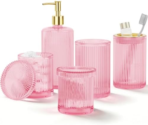 Pink Glass Bathroom Accessories Set 5 Piece, Vintage Ribbed Soap Dispenser, Toothbrush Holder, Tumbler, Qtip Jars, Cute Aesthetic Vanity Organizer for Home, Restroom Countertop Decor by BSSN