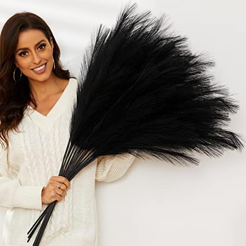 Black Pampas Grass, 9 PCS 37''/3.1FT Tall Fluffy Fake Pompas Floral, Large Artificial Pompous Grass Branches for Floor Vase Fillers, Boho Farmhouse Room Wedding Decor (Black) by QUBITFUL