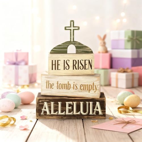Easter Decorations - He Is Risen Tomb Cross Tiered Tray Decor - Religious Easter Wooden Tabletop Sign - Faith Farmhouse Easter Home Decor Indoor - Spring Home Decor for Living Room, Kitchen Counter, Seasonal Farmhouse Display - Image 2