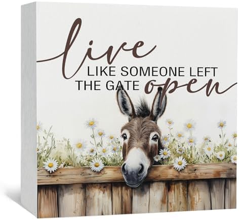 Donkey Bathroom Decor Sign - FarmHouse Cottagecore Animal Wooden Signs,Rustic Farmhouse Live Like Someone Left The Gate Open Wood Sign Home Decor,Donkey Signs For Bathroom by Nitelat