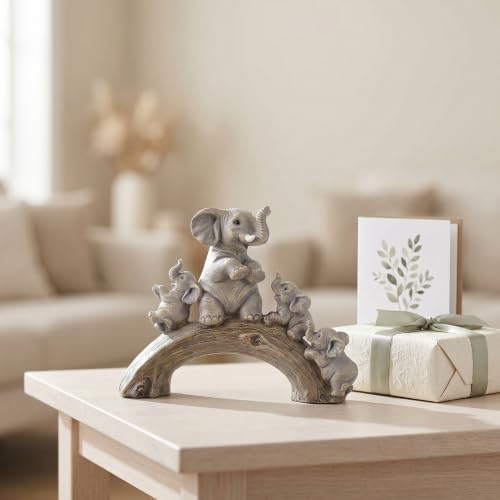 suruim Cute Elephant Statues - Good Luck Elephant and Her Three Children Playing on a Log Bridge for Living Room, Bedroom, Office Decor (Brown) - Image 5