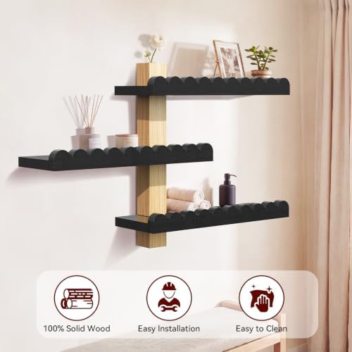 3-Tier 100% Solid Wood Shelves for Wall, Scalloped Rustic Floating Shelves, Wall Decor with Planter Vase, Wall Shelf for Apartment, Living Room and Bedroom - Image 4