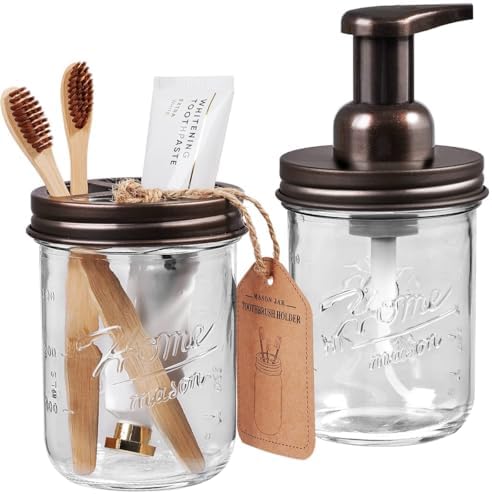 SheeChung Mason Jar Foaming Soap Dispenser and Toothbrush Holder Set,Bronze by SheeChung
