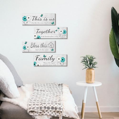 4 Pcs White Farmhouse Wall Decor with Teal Butterflies & Daisies, Rustic Wooden Signs Set, Floral Wall Art for Living Room Bedroom, Housewarming Gift, 4.7" x 13.8" - Image 6