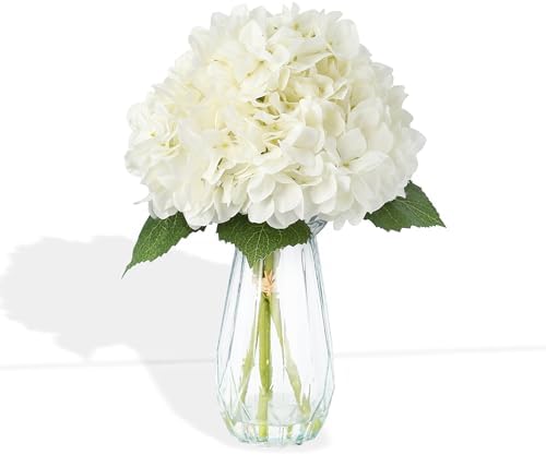 Garvee Artificial White Hydrangea Flowers Arrangement with Vase, 6 PCS Silk Hydrangea Bouquet Centerpiece with Faux Water, Realistic Fake Flowers for Table Centerpiece, Home, Office, Wedding Decor by Garvee