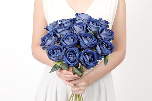 SITUMEIZI 15PCS Blue Artificial Roses Silk Flowers Fake Roses Realistic Bouquet Long Stem with Gift Box for Mother's Gift Day Home Party Wedding Decorations - Image 3