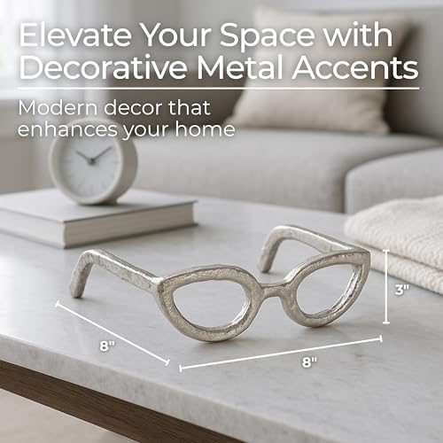 Modern Decorative Glasses Sculpture Figurine for Office Shelf Decor - Home and Bathroom Accent for Desk Display - Living Room Ornament Statue for Coffee Table Styling in Spaces - 3", Silver & Metallic - Image 3