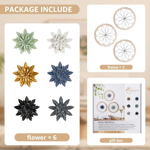 Paquesta 3 Piece Round Farmhouse Wall Decor with 6 Piece Interchangeable Flowers 15.75'' Medallion Wood & Metal Rustic Wall Art for Living Room Bedroom Kitchen Bathroom Dining Room Home Decorations (large black wheel) - Image 3