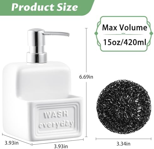 RQYIXI 2-in-1 Ceramic Soap Dispenser with Sponge Holder,White,15 Oz - Image 2