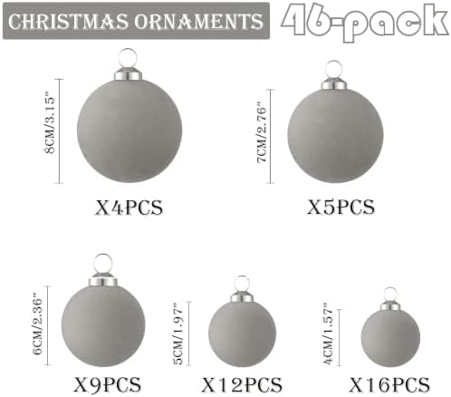46Pcs Velvet Christmas Ball Ornaments Set - Flocked Shatterproof Christmas Tree Decorations Classic Hanging Ornaments with Rope for Xmas Wreath Holiday Home Decor (Multi-Size, Grey) - Image 2
