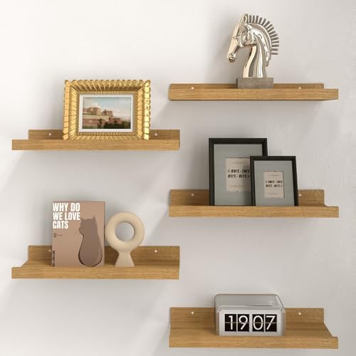 RICHER HOUSE 5-Set Floating Shelves with Lip, Oak Wall Mounted Wood Shelf by RicherHouse
