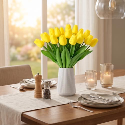 Yellow Artificial Tulips, 20 Pcs PU Real Touch Faux Flowers - Image 3